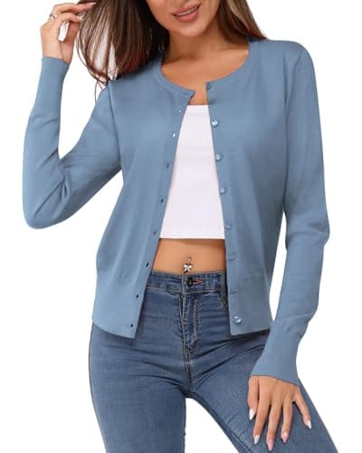 Image of Newshows Women's Solid Button Down Long Sleeve Classic Crew Neck Knit Cardigan Sweater(Gray Blue 02,X-Large)