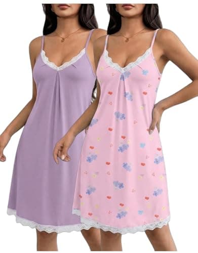 Image of Ekouaer 2 Pack Nighties for Women Lace Nightwear Strap V Neck Nightdresses Chemise Sexy Negligee Sleeveless Nightshirt Floral Pink+Lilac XL