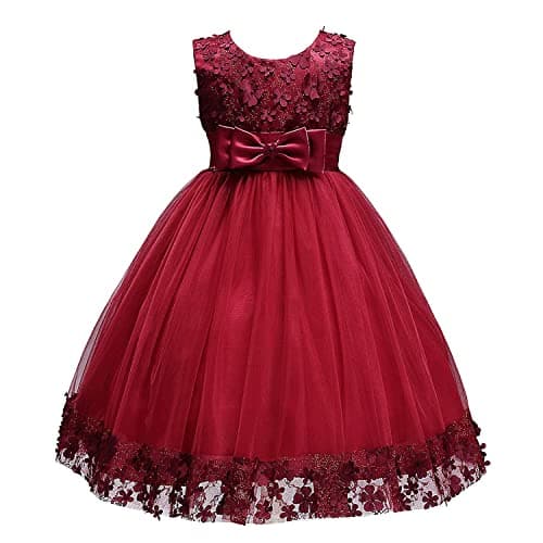 Image of Discoball Girls Princess Dress,Tulle Bow Lace Embroidery Flower Girl Dress,Birthday Party Wedding Bridesmaid First Communion Girls' Dresses for 1-10 Years Red