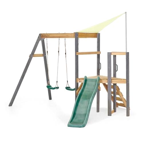 Image of Plum Play Kids Outdoor Wooden Barbary Double Swing Slide and Climbing Frame with Ladder and Sunshade - Suitable from 3 Years Plus Max User 50kg per Accessory