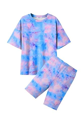 Image of Arshiner Clothing Sets for Girls Tie-Dye Shirt with Shorts Kids' Sporty Two-Piece Set Summer Fashionable Clothes 130/7-8 years