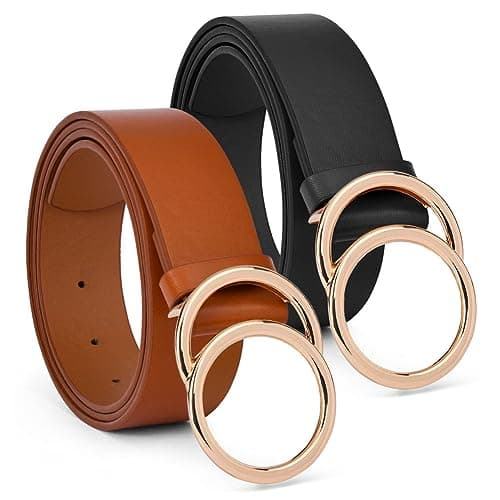 Image of flintronic Women's Genuine Leather Belt Fashion Belts Ladies Faux Leather Waist Belt, 2 Pack Belt with Double O-Ring Buckle for Jeans Dress Pants (Black and Brown)