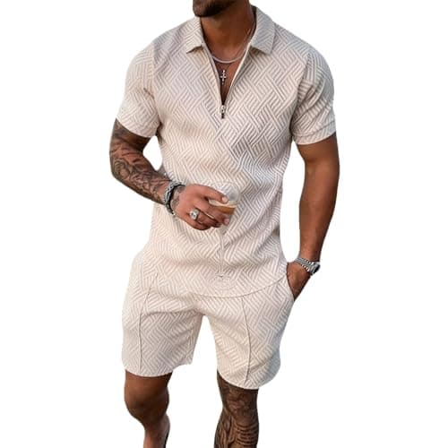 Image of amropi Men's Summer Jacquard Tracksuit Short Sleeve Zip Top and Shorts Sports Outfit Set Khaki, XXL
