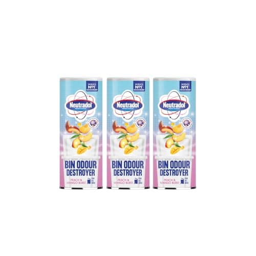 Image of Neutradol Dustbin Odour Destroyer, Bin Freshener Deodorising Powder, Odour Eliminator for Indoor & Outdoor Bins, Peach & Mango Burst, Multipack of 3 x 350g