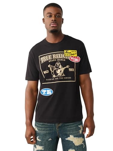 Image of True Religion Men’s Logo Patch Tee – Crew Neck, Short Sleeves, Printed and Patched Logos, Jet Black, Large