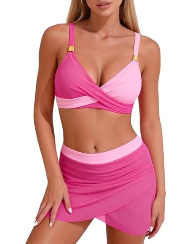 Image of EOAMGO Women's Bikini Set, Two Piece Bikini Swimsuit Set with Twist Front V Neck Design, Adjustable Straps and Padded Support (UK, Alpha, S, Regular, Regular, Pink)