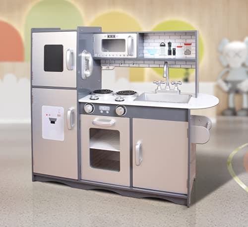 Image of Large Kids Wooden Play Kitchen With Utensils Toys Children's Role Play Pretend Set Toy (Grey)