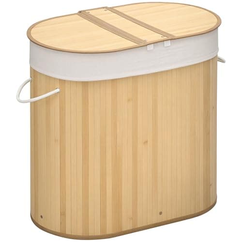 Image of HOMCOM Bamboo Laundry Basket with Lid, 100 Litres Laundry Hamper with 2 Sections, Removable Washable Lining, Washing Baskets, 62.5 x 37 x 60.5cm, Natural