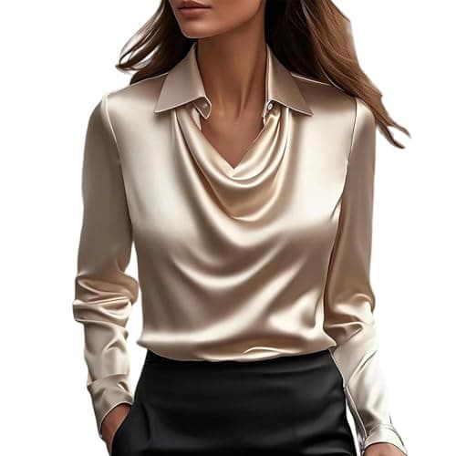 Image of Blusa Amarilla, Women's Satin Cowl Neck Blouse Long Sleeve, Elegant V-Neck Office Shirt, Soft & Silky Smooth Dressy Top for Work, Going Out and Casual Wear