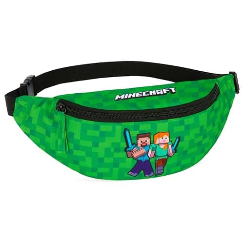Image of Minecraft Boys Fashion Waist Pack with Adjustable Strap, Creeper Travel Bag - Gamer Gifts (Green/Black)