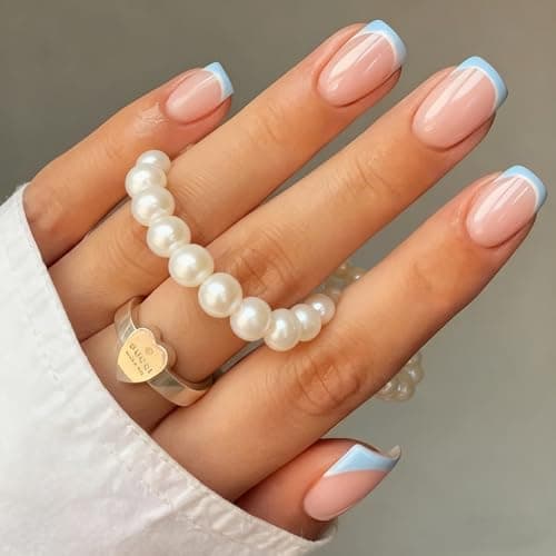 Image of 24PCS French False Nails,Baby Blue French Tip Press on Nails Short Square,Reusable Square Short Fake Nails,Minimalist and Stylish Full Cover Glossy Glue on nail,for Women Daily Wedding Wear