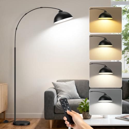 Image of OUTON Arc Floor Lamp for Living Room, 80.3" Dimmable LED with Remote and Foot Switch, Metal Dome Shade, Adjustable Head, 3000K-6000K Tall Standing Light for Bedroom, Reading, Office, Corner