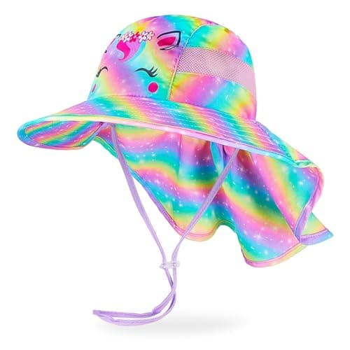 Image of MHJY Kids Sun Hat Girls UV Protection Summer Hats Adjustable Beach Cap Unicorn Bucket Hats with Wide Brim Neck Flap for Toddlers 2-9 Years Rainbow