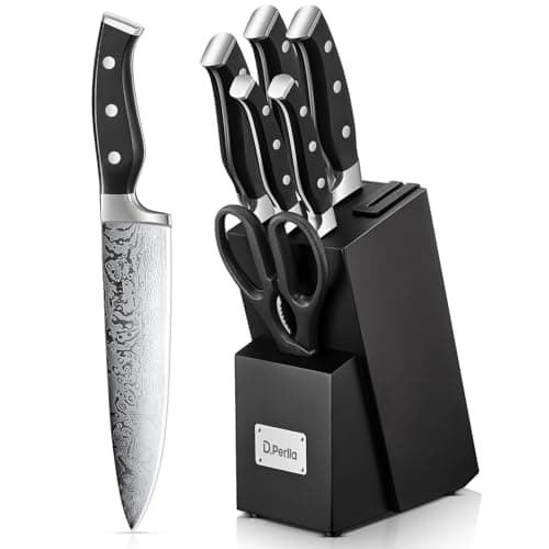 Image of D.Perlla Knife Set, 7 Pieces Kitchen Knife Set with Self Sharpening Wooden Block, German Stainless Steel Knife Block Set with Triple Riveted Ergonomic Handle, Black