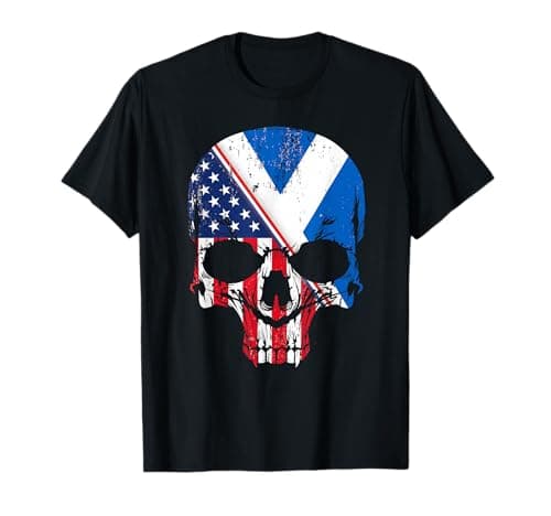 Image of American Raised With Scottish Roots Skull Idea & USA Flag T-Shirt