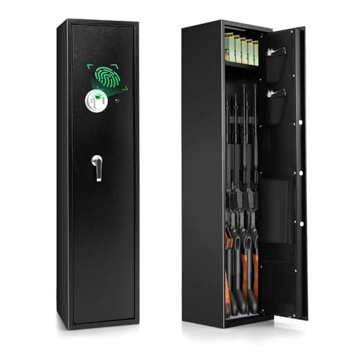 Image of COSTWAY 5 Rifle Gun Cabinet, Biometric Fingerprint Gun Safe with Digital Keypad, Emergency Keys, Alarm System, Built-in Small Cabinet & Storage Pockets, Electronic Shotgun Safe Rifle Security Cabinet
