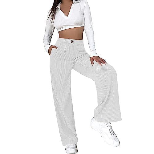 Image of Women's Corduroy Trousers Double Buttoned High Waisted Wide Leg Stretch Corduroy Pants Business Casual Loose Cord Work Pants Autumn Winter Vintage Palazzo Pants with Pockets (Xa-White,M)