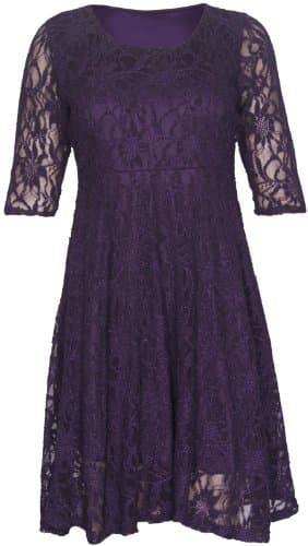 Image of New Womens Floral Lace Lined Three Quarter 3/4 Sleeve Scoop Neck Ladies Skater Style Mini Party Dress Plus Size Purple Size 22-24