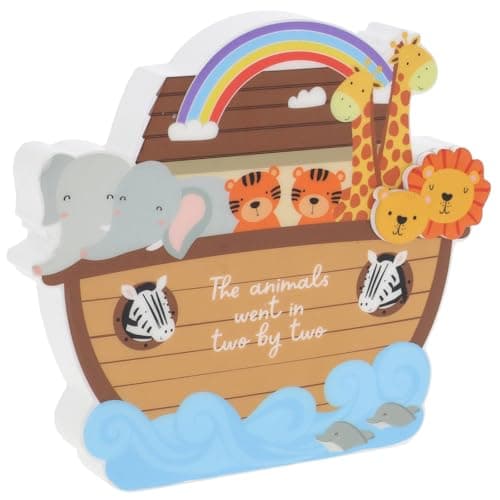Image of Shudehill Giftware Noah's Ark Decorative Standing Plaque, Wooden Nursery Wall Art with Rainbow and Animals, Baby Room Decor, Children's Biblical Theme