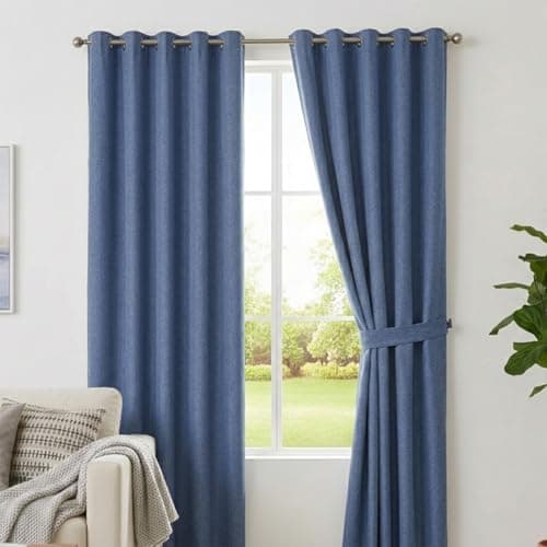 Image of M&J Home Blackout Curtains Blue - Thermal Insulated Eyelet Curtains for Bedroom Living Room - Energy Saving - 90 x 90 Inch - 2 Panels
