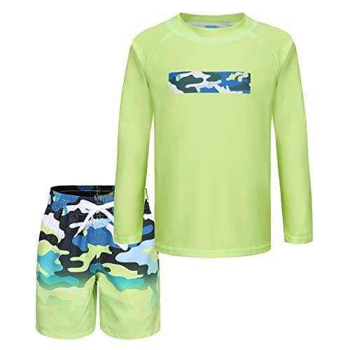 Image of Boys Long Sleeve Swim Top Kids Swimming Costume with Board Shorts Boys Rash Vest Kids Rash Guard Swimsuit Age 6-7 Years Green Camo