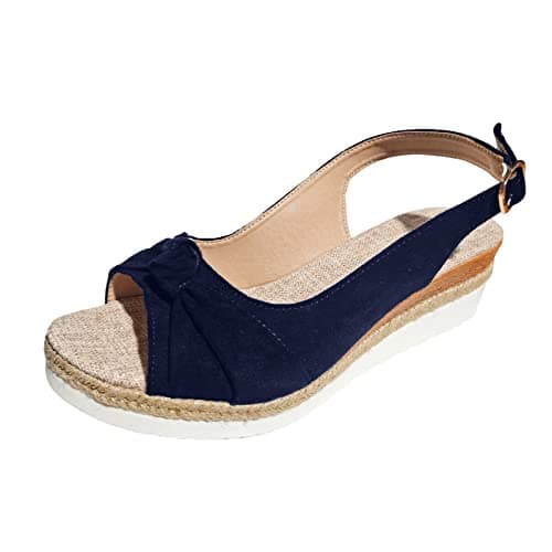 Image of Generisch , Solid Bowknot Summer Sandals Open Toe Buckle Wedge Heel Thick Sole, blue, 8 UK