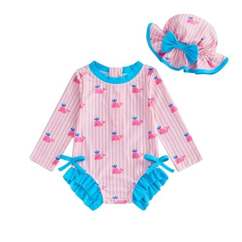 Image of JCOPLY Newborn Baby Rash Guard Girl Swimsuit Cute Whale Print Bow Frill Trim Zip Up Striped Bodysuits Long Sleeve Swimwear Hat Infant Bathing Suit (Pink, 0-3 Months)