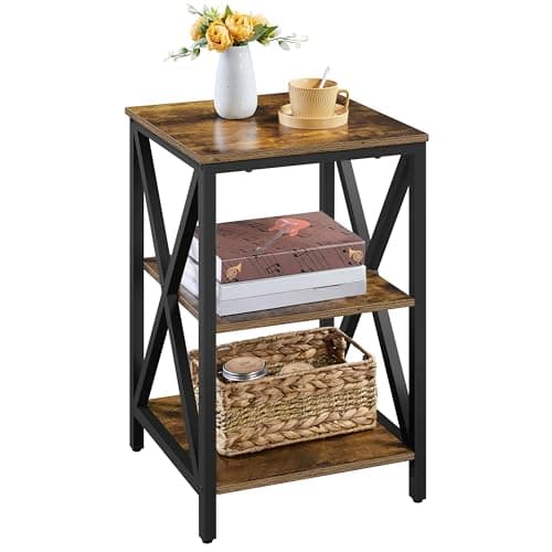 Image of Yaheetech 3-Tier Side Table, Wooden X-Design End Table with Storage Shelf and Sturdy Metal Frame, telephone table for Bedroom, Sitting Room, Living Room, 39.5x39.5x62cm, Rustic Brown