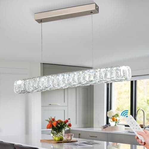 Image of Cainjiazh Dimmable Crystal Pendant Light, 54.4cm Linear LED Chandelier with Remote Control, Height Adjustable Hanging Ceiling Light for Kitchen Island Dining Table K9 Crystal 3 Colour