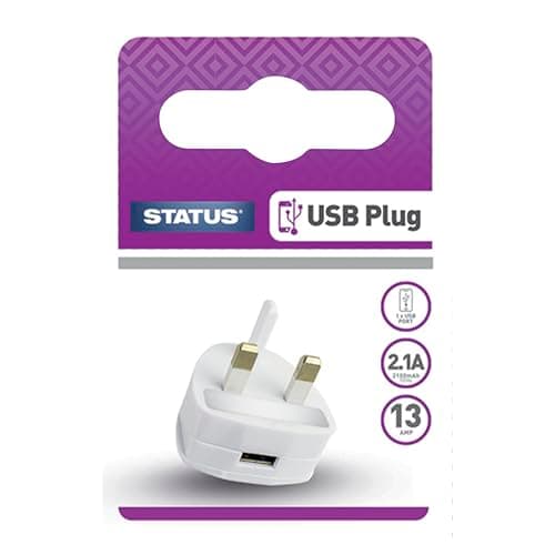 Image of Status USB A Charging Power Adaptor, 2400 mAh, White, Pack of 1 (S1USBPLUG1PK4)