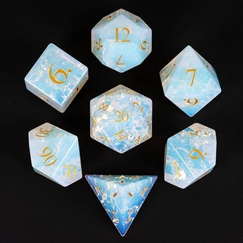 Image of UDIXI 7PCS Stone DND Dice Set, Natural Gemstone Dice Set with Leather Gift Box for D&D Role Playing Games and Tabletop Games(Opal Cracked)