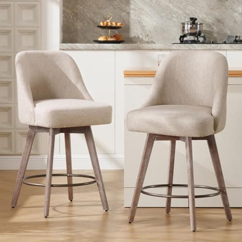 Image of Bekrvio Counter Height Bar Stools Set of 2, Mid-Century Modern Swivel Barstools with Back and Wood Legs, Linen Fabric Upholstered Chairs 65CM Seat Height Counter Stools (Linen Sand, 2PCS)