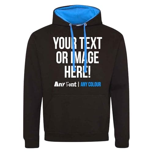Image of Purple Print House Custom Varsity Hoodie Mens Hoody Personalised Printed Any Text Image Logo Workwear Company Contrast Colours, XL, Black/Blue