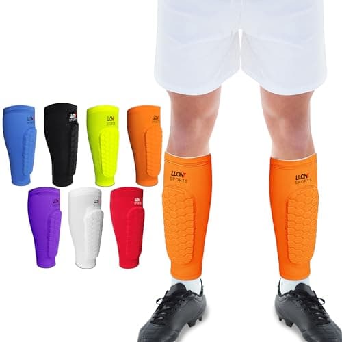 Image of LUONT - Soccer Shin Guards for Men, Women & kids | Protective Football Soccer Pads with Superior Impact Absorption, Breathable, & Lightweight | Football Shin Guards Sleeves (M, Orange)
