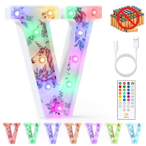 Image of mooncow Rechargeable Unicorn Light Up Letters,Durable Marquee Letters,Colorful Initial Night Light with Remote,Wall Decor,Bedroom Decor,Party Decoration,Gift Wrap Gifts (V)