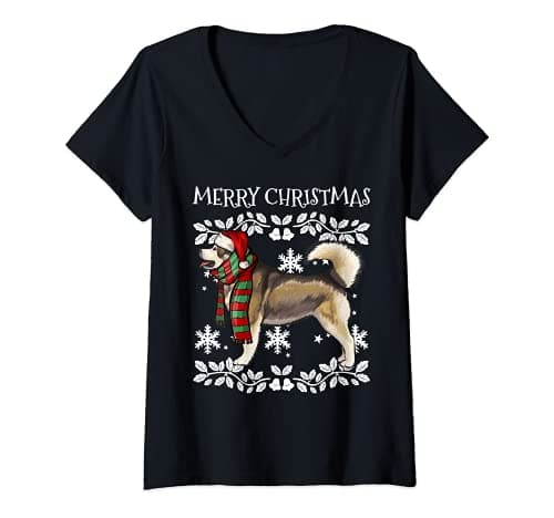 Image of Womens Merry Christmas Ornament Alaskan Malamute Xmas Santa V-Neck T-Shirt