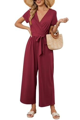 Image of OUGES Summer Jumpsuits for Women UK Short Sleeve Casual Jersey Playsuit With Pockets Wine, L