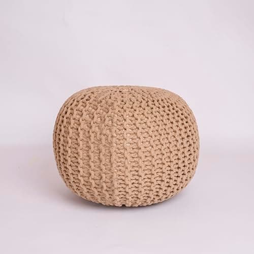 Image of EXQUIZIT HOME® Knitted Round Pouffe Foot Stool Ottoman – Large 100% Cotton Chunky Hand-Knit Pouf with Polystyrene Beads Filling – Soft & Comfortable Footrest and Occasional Seating, 50cm (Tan)