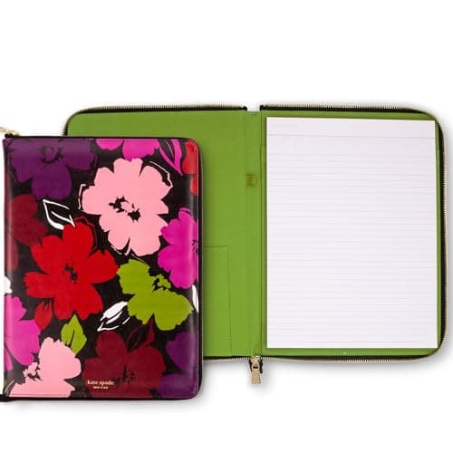Image of Kate Spade New York 13.25" x 9.5" Faux Leather Notepad Zip Folio with Interior Pocket, Legal Pad, Gold Zipper Close, and Pen Loop, Painterly Blooms