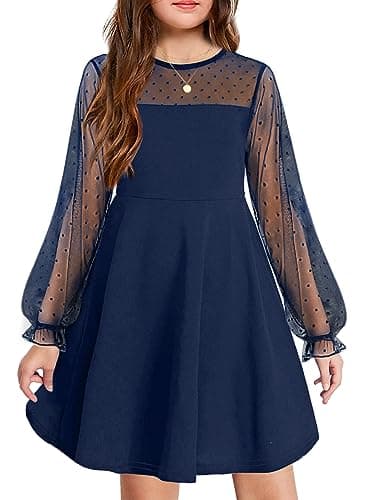Image of Arshiner Girls Puff Long Sleeve Dress Kids Mesh A-Line Elegant Casual Party Princess Dress Navy Blue 150 11-12 Years