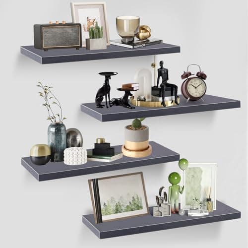 Image of WOPPLXY 4 PCS Floating Shelves Dark Grey - 40 x 15CM Wood Wall Mounted Storage Display Shelves - Modern Decorative Grey Display Wall Shelves for Home Decor, Living Room, Bedroom, Kitchen