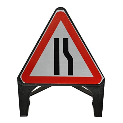 Image of Street Solutions UK - 750mm Road Q-Sign 'Road Narrows Right' - Plastic with Folding Leg