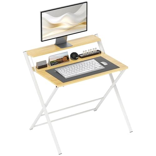 Image of HOMCOM Compact Folding Desk for Small Spaces, Foldable Computer Desk with Storage Shelf for Home Office, 2-Tier Study Writing Table, 86 x 66 x 82 cm, Maple Wood-effect