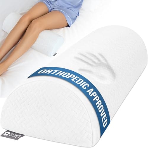 Image of 5 STARS UNITED Knee Pillow for Back Sleeping – Memory Foam Cushion for Sciatica Pain Relief – Under Leg Support for Sleeping on Back – Half Moon Bolster for Bed, White