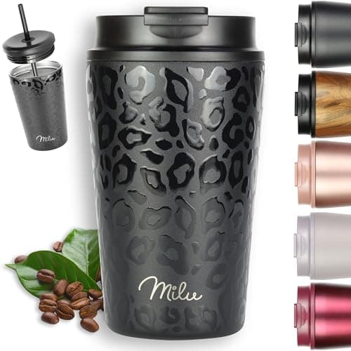 Image of Milu Thermo Mug 400ml - 100% Leak-Proof - Stainless Steel Coffee Mug to go Insulated with Straw Keeps hot for 10h / Cold for 20h, BPA-Free (Black Leopard, 400ml)