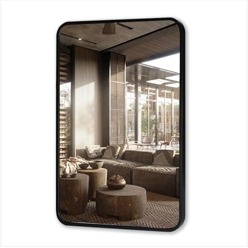 Image of MIQU black bathroom mirror - 70x50cm rectangular wall mirror for bathroom, hallway, living room or bedroom, Horizontal/Vertical