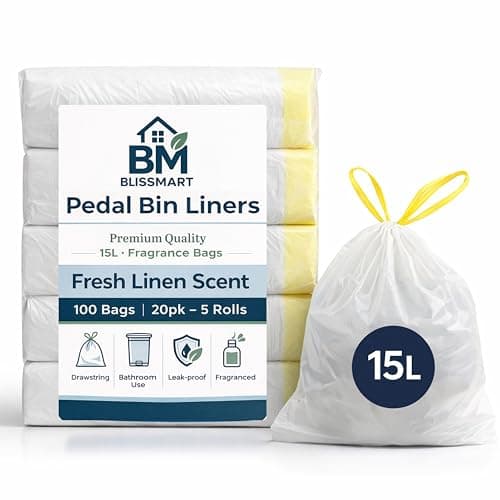 Image of BLISSMART Pedal Bin Bags 15L - 100pk White Drawstring Pedal Bin Liners Small Bin Bag Rolls Fresh Linen Scented Small Bin Liners Odour Neutralising For Bathroom Kitchen Office Waste (15L - 100 Bags)