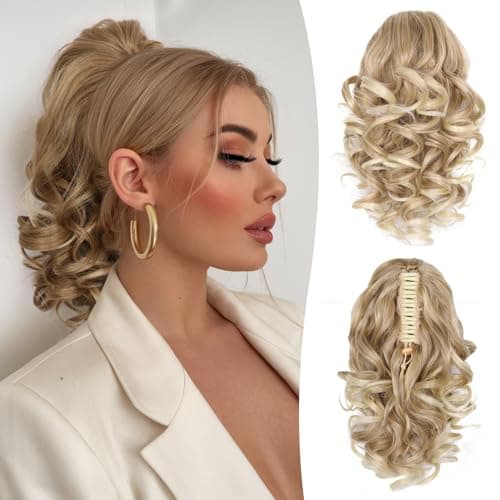 Image of 12 Inch Ponytail Extension - Soft Wavy Pony Tail Hair Pieces for Women, Claw Clip Ponytail Hair Extensions, Synthetic Clip in Ponytail Hair Extensions (Color: Medium Blonde With Bleach Blonde Ends)
