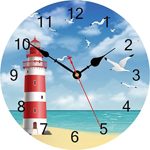 Image of TAHEAT Nautical Wall Clock, Decorative Wooden Lighthouse Seagull Clock, Unusual Round Quartz Wall Clock for Bathroom Kitchen Bedroom (Small 8 Inch)