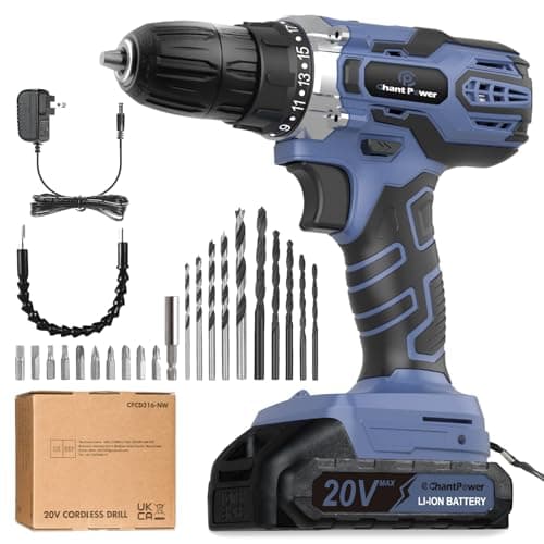 Image of C P CHANTPOWER Cordless Power Drill, 20V Electric Drill Driver Set with Battery and Charger, 2 Variable Speed, 10mm Keyless Chuck, 19 Position and 22pcs Bits